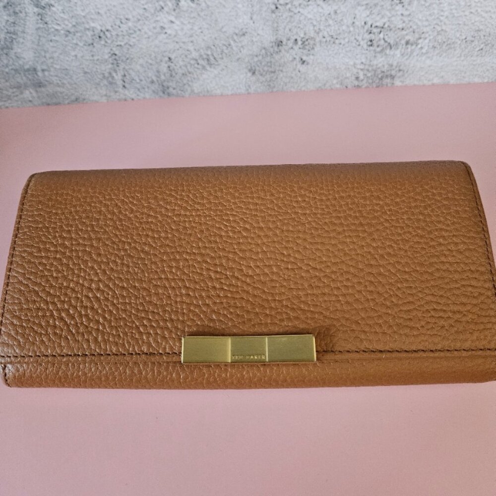 Ted Baker London Brown Pebbled Leather Continental Wallet with Gold Accent